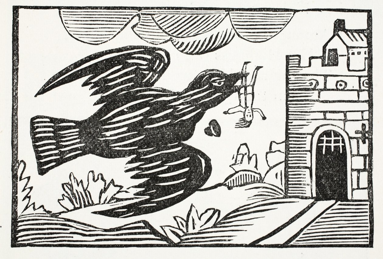 Maintenant par un corbeau de grande force, Pauvre Tom fut emporté, illustration de Chap-books du XVIIIe siècle par John Ashton, pub. 1882 - English School