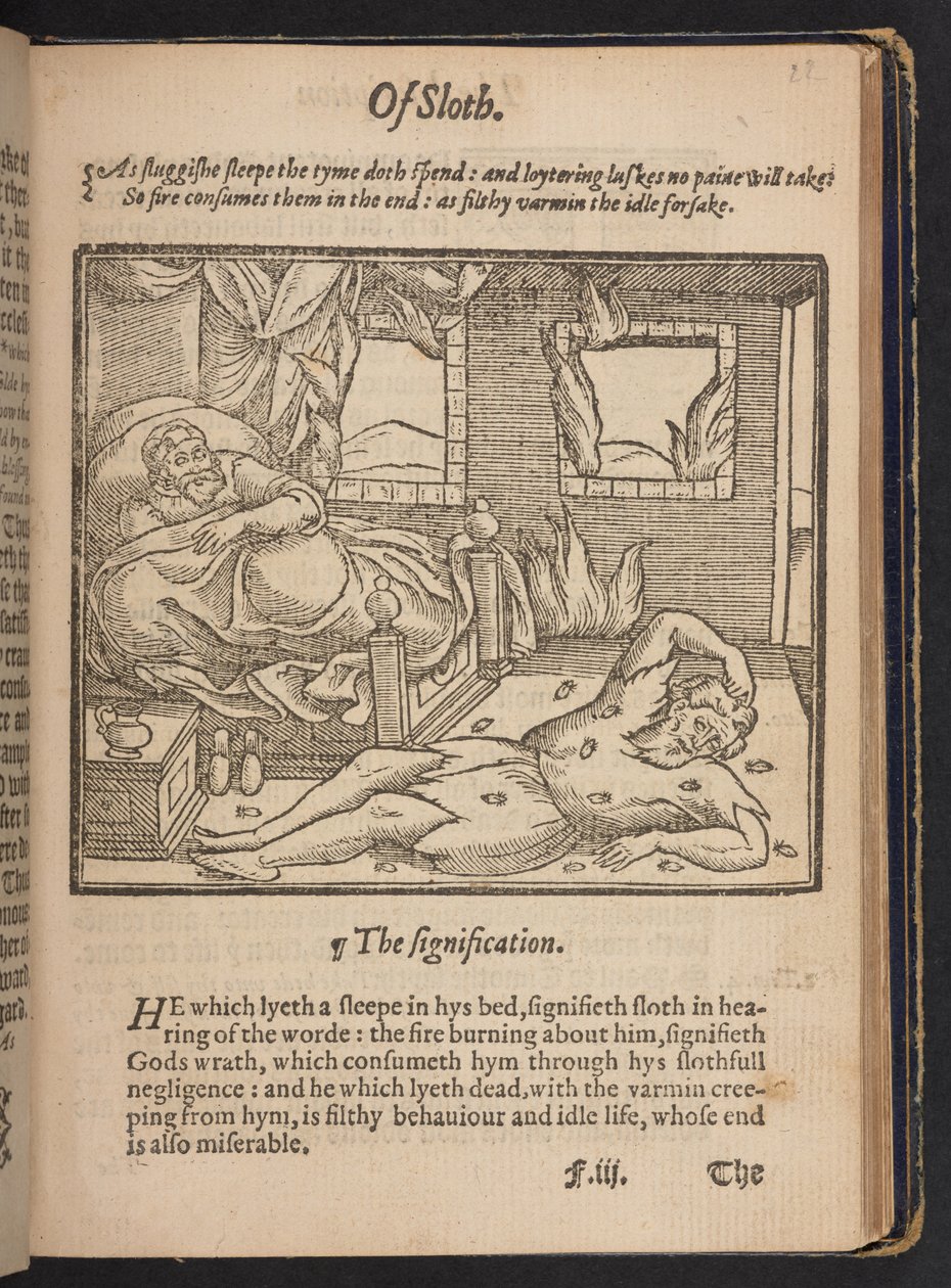 De la paresse", extrait de "A christall glasse of Christian reformation, wherein the godly maye beholde the coloured abuses vsed in this our present tyme", par Stephen Batman. - English School