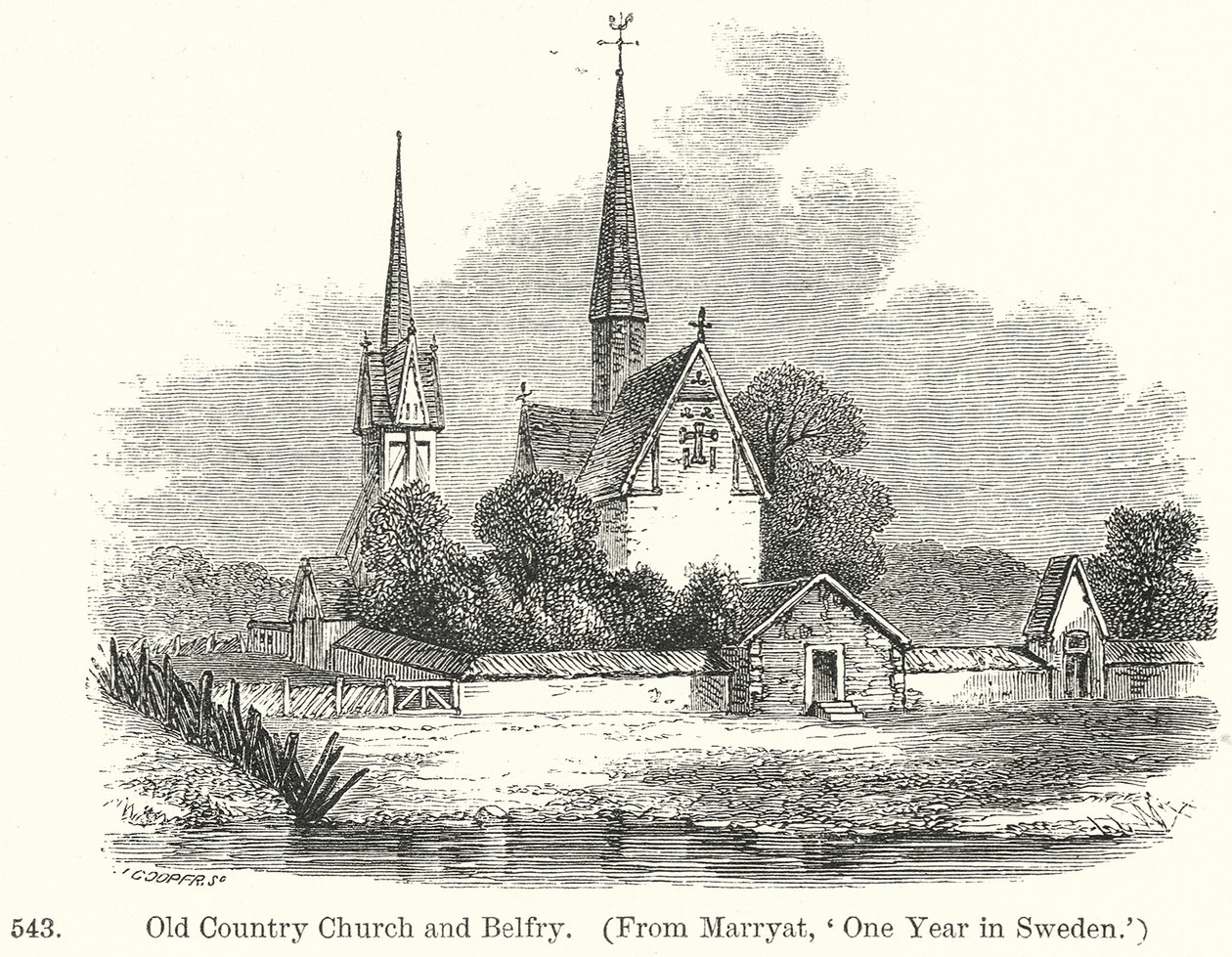 Église et beffroi du Vieux-Pays (gravure) - English School