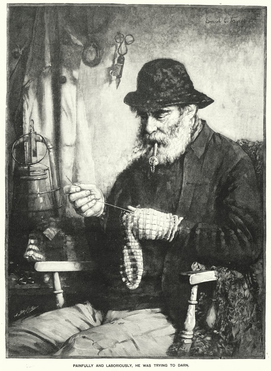 Péniblement et laborieusement, il essayait de Darn (gravure) - English School