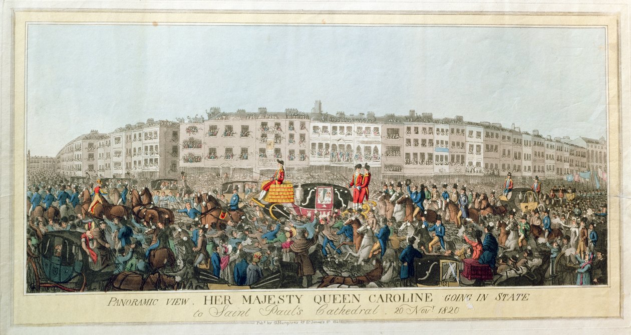 Vue panoramique. Sa Majesté la reine Caroline allant en grande pompe à la cathédrale Saint-Paul, 20 novembre 1820, pub. 1821 - English School