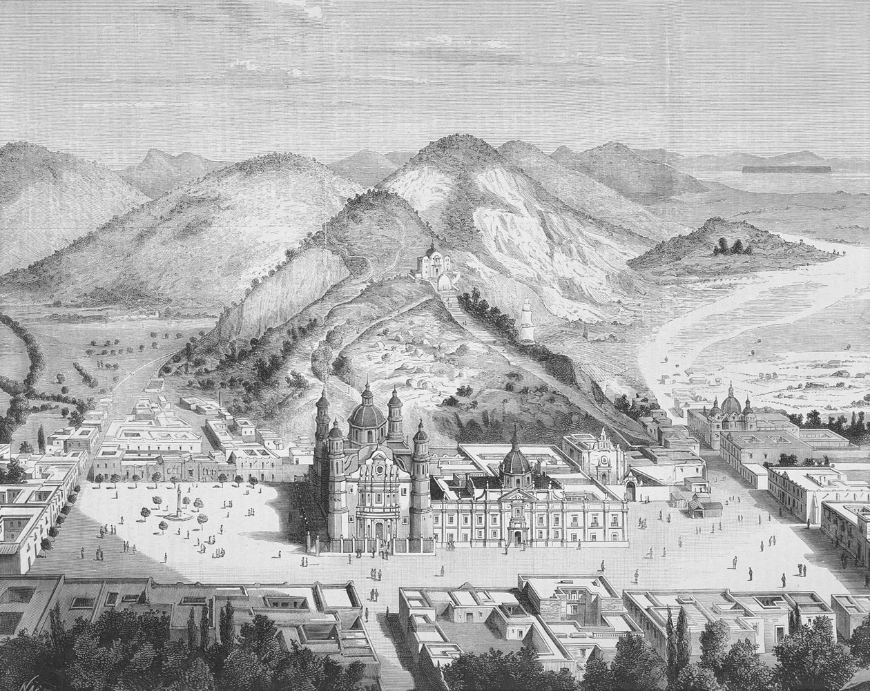 Vue panoramique de la Basilique de Guadalupe, Mexico, années 1880 (gravure) - English School