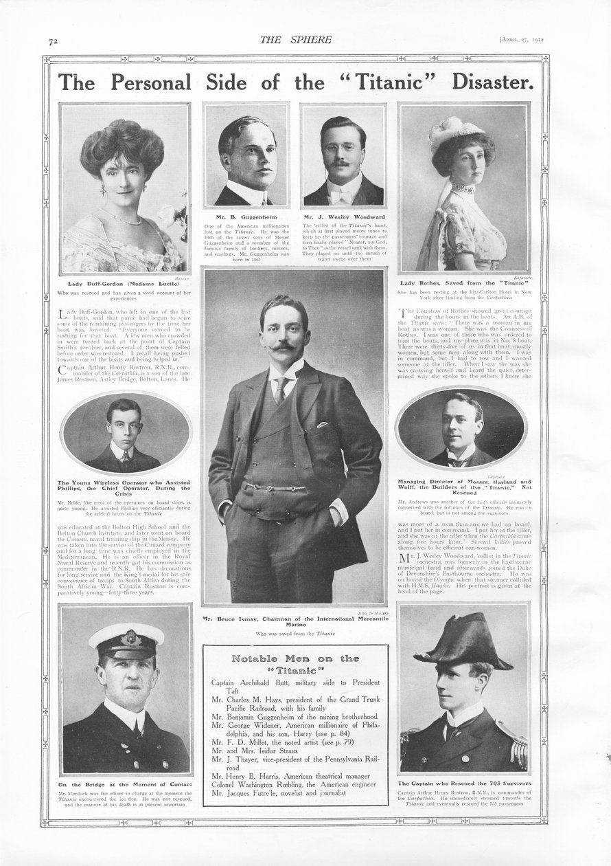 Passagers du RMS Titanic, photographies et informations sur des personnes notables liées au Titanic, de The Sphere, 27 avril 1912 - English School
