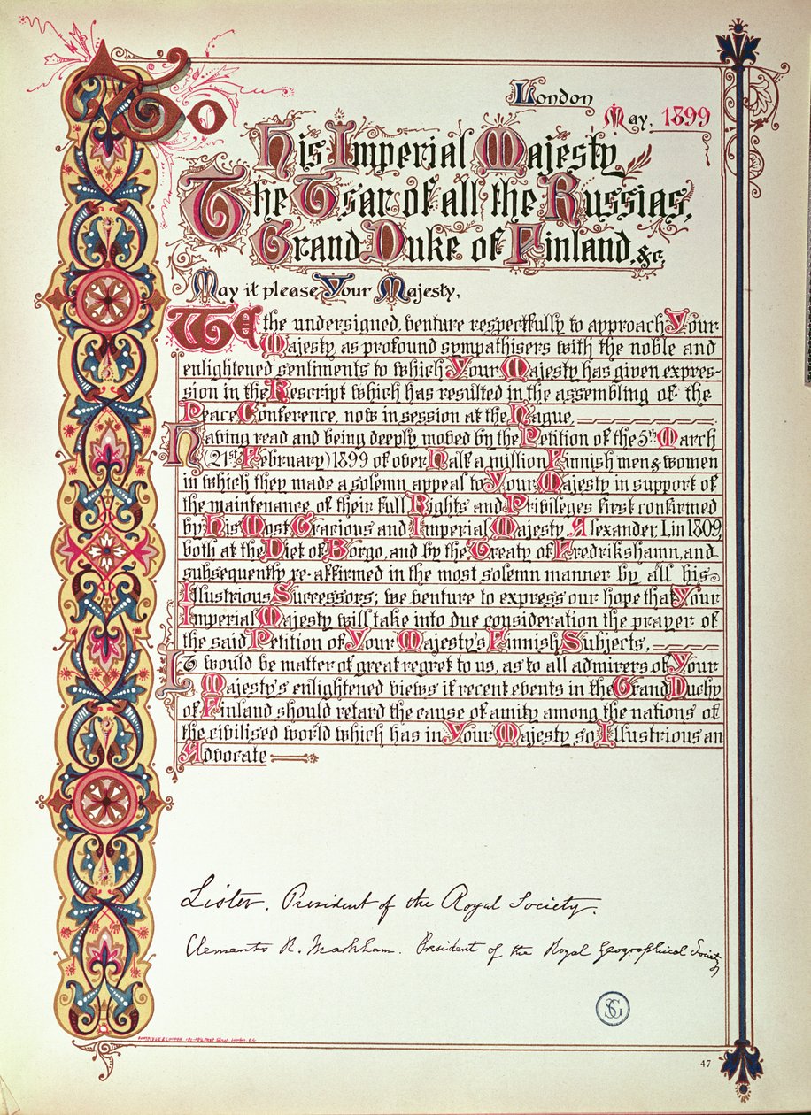 Pétition au Tsar Nicolas II de Russie protestant contre la russification de la Finlande, 1899 - English School