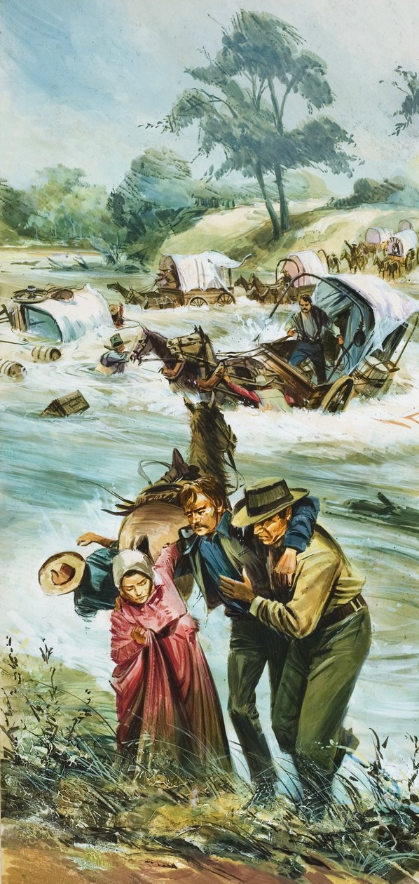 Pionniers traversant la rivière Arkansas au début des années 1880 (gouache sur papier) - English School
