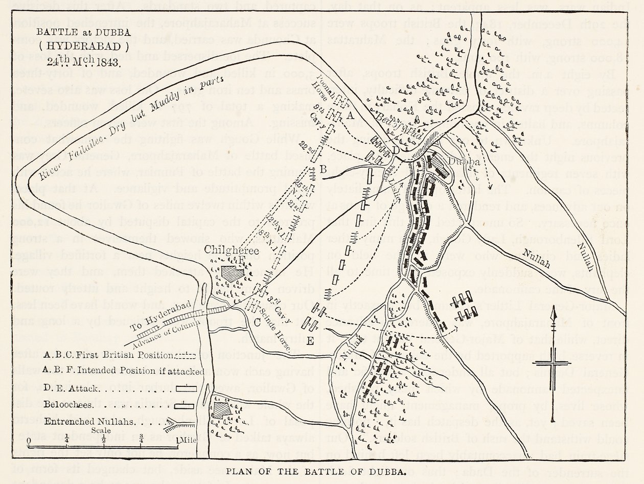 Plan de la bataille de Dubba (Hyderabad) 24 mars 1843, illustration de Cassells Illustrated History of England - English School