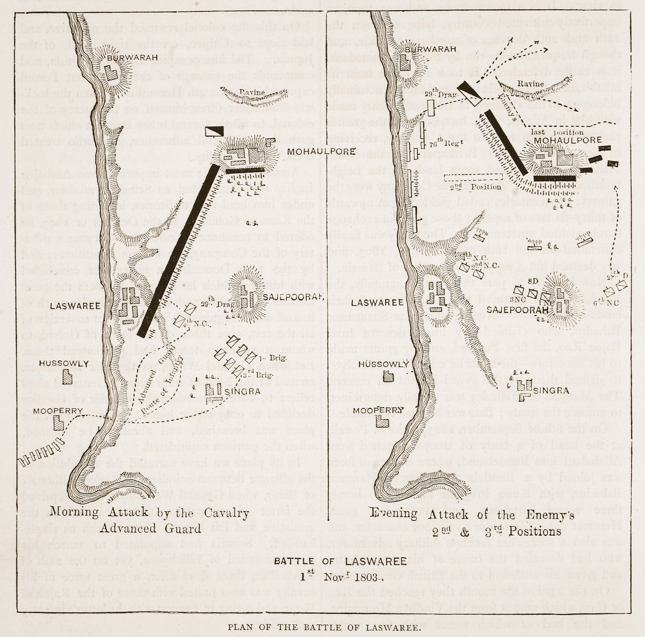 Plan de la bataille de Laswaree, illustration de Cassells Illustrated History of India par James Grant, pub. 1879 - English School