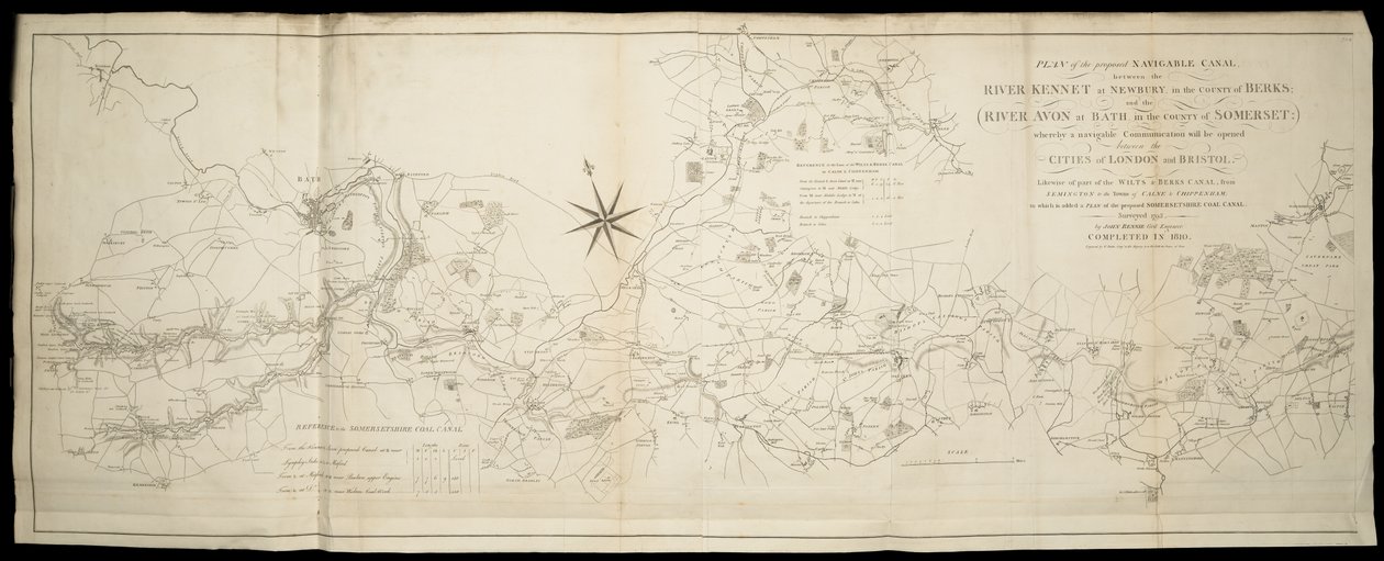 Plan du canal navigable proposé entre la rivière Kennet à Newbury dans le Berks et la rivière Avon dans le Somerset : où une communication navigable sera ouverte entre Londres et Bristol [aussi] Wilts & Berks & Somerset Coal Canals / Arpenté par John Renni - English School