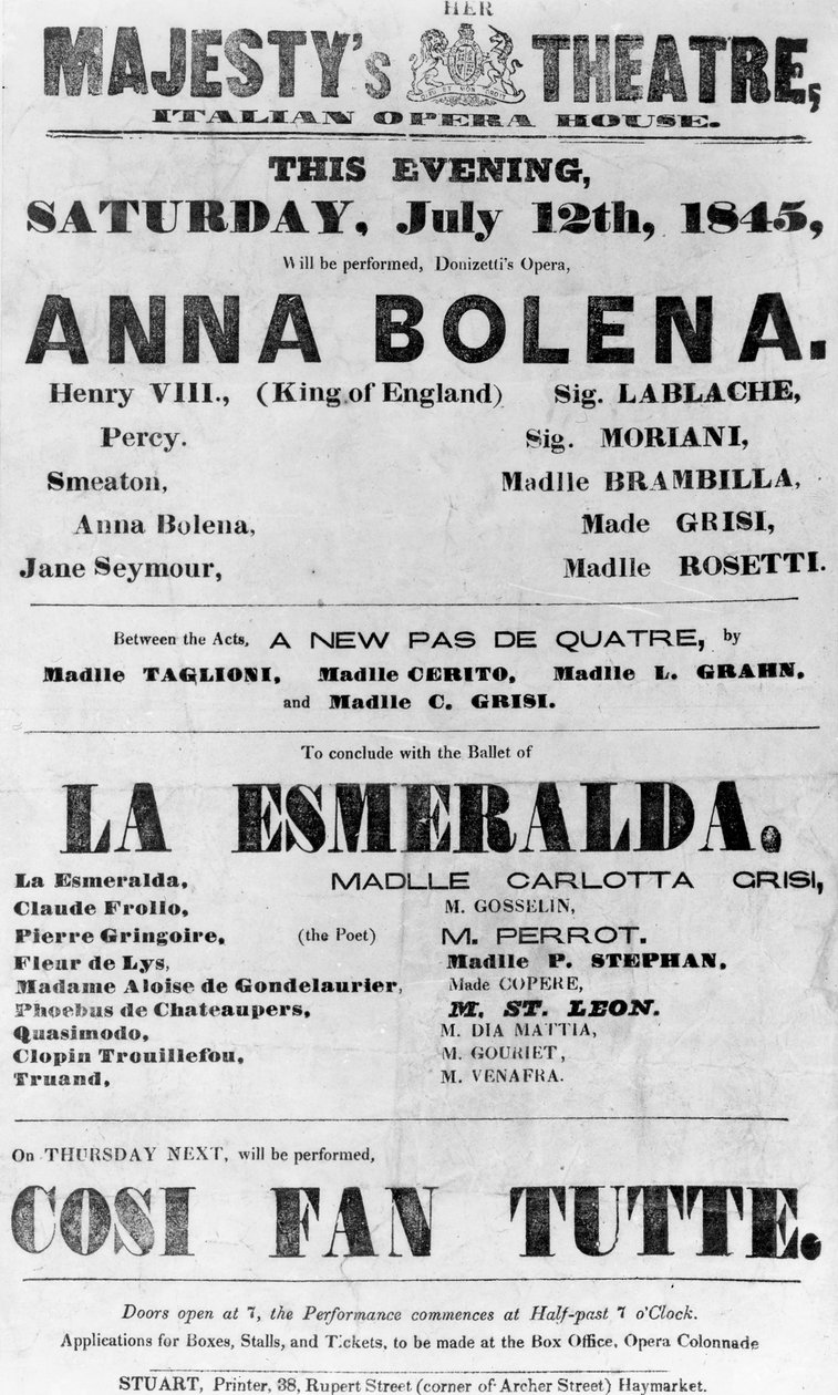 Affiche pour le Théâtre de Sa Majesté, Opéra Italien, 1845 - English School