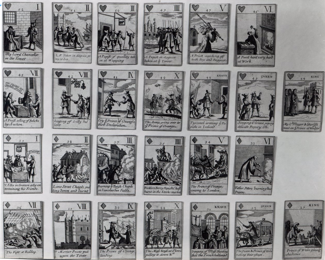 Cartes à jouer représentant des épisodes de la Glorieuse Révolution de 1688-89, vers 1689 - English School