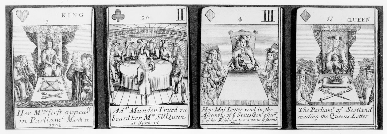 Cartes à jouer représentant des événements au début du règne de la reine Anne, d