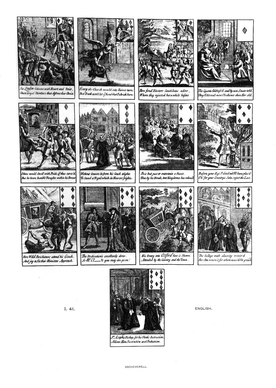 Cartes à jouer représentant la destitution de Henry Sacheverell (c.1674-1724) en 1710, couleur carreau - English School