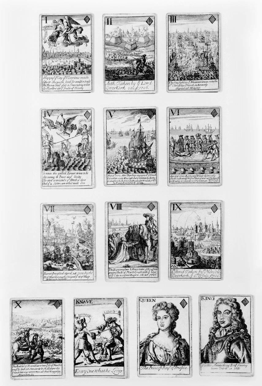 Cartes à jouer avec des personnages et des scènes du début du 18ème siècle - English School