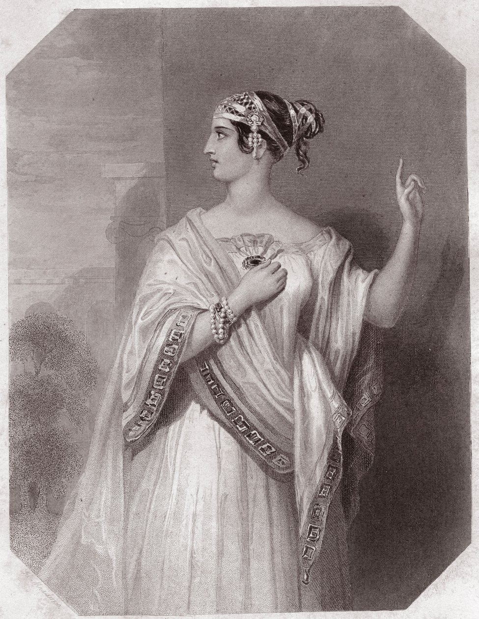 Porcia épouse de Brutus (Jules César - la Tragédie de Jules César) - dans - "Galerie des femmes de Shakespeare, collection de quarante-cinq portraits sérieux par les premiers artistes de Londres, enrichie de notices critiques et littéraires" vers 1838 - English School