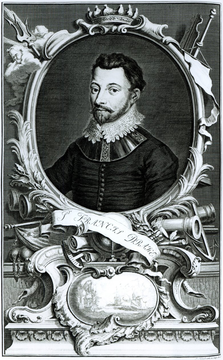 Portrait de Sir Francis Drake (c.1540-96) gravé par Jacobus Houbraken (1698-1780) (gravure) - English School