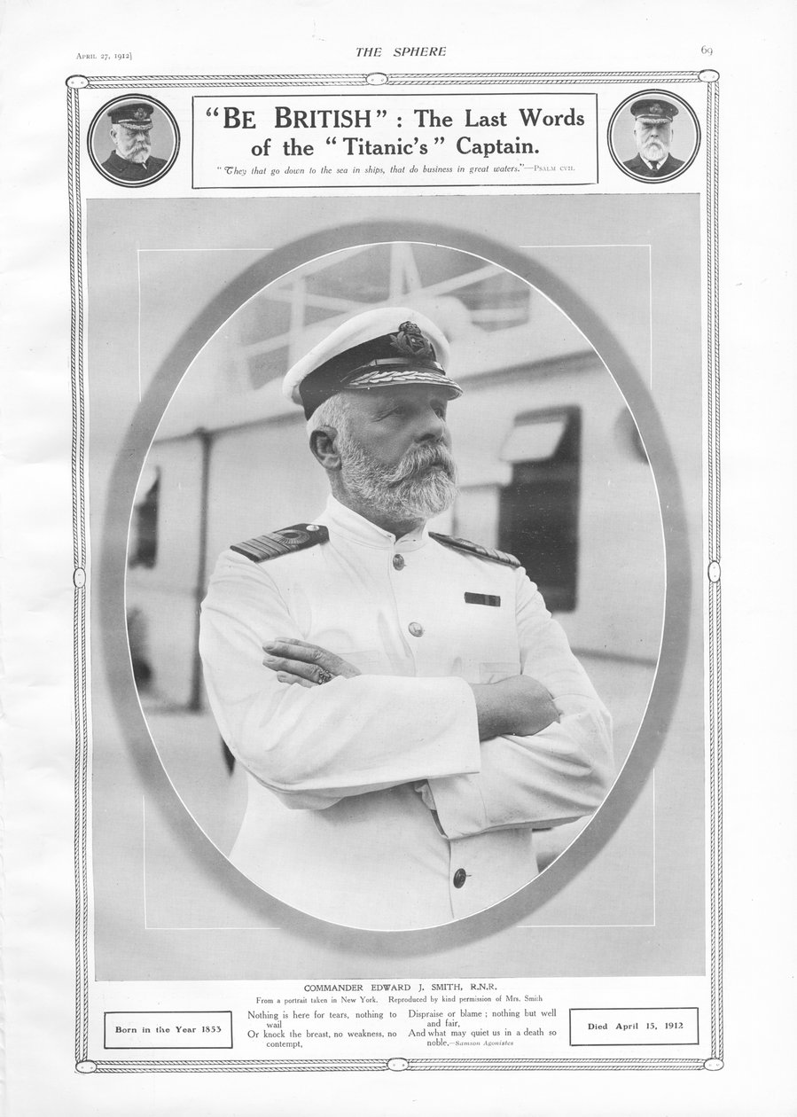 Portrait et hommage au commandant Edward J. Smith, capitaine du paquebot RMS Titanic, de The Sphere, 27 avril 1912 - English School