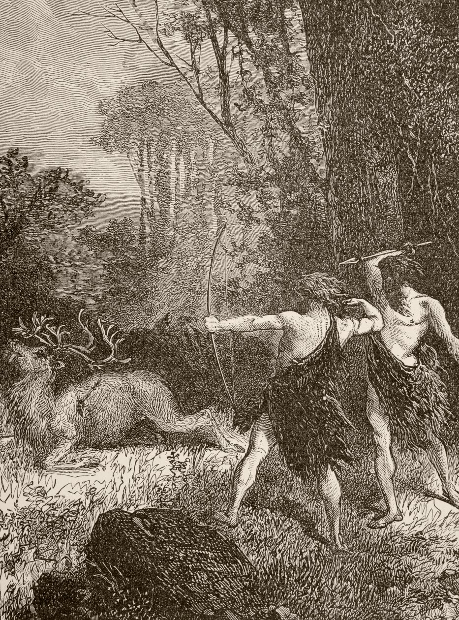 Homme préhistorique chassant avec arc et flèche et lance - English School