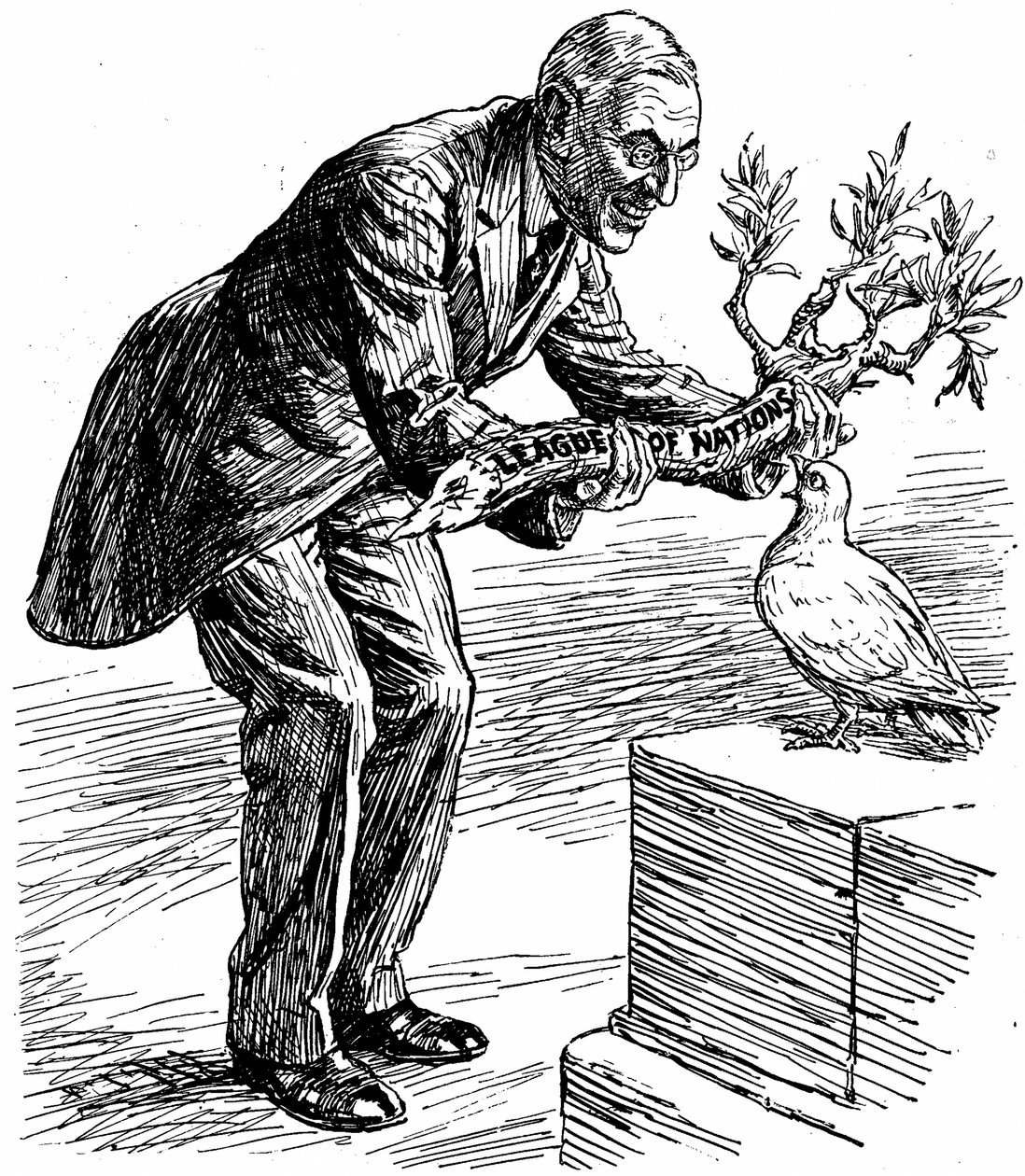 Le président Wilson donne à la colombe de la paix un rameau d