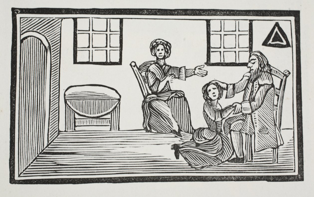 La jolie Bessie recevant la bénédiction de son père en partant chercher sa propre subsistance, illustration de Chap-books du XVIIIe siècle par John Ashton, pub. 1882 - English School