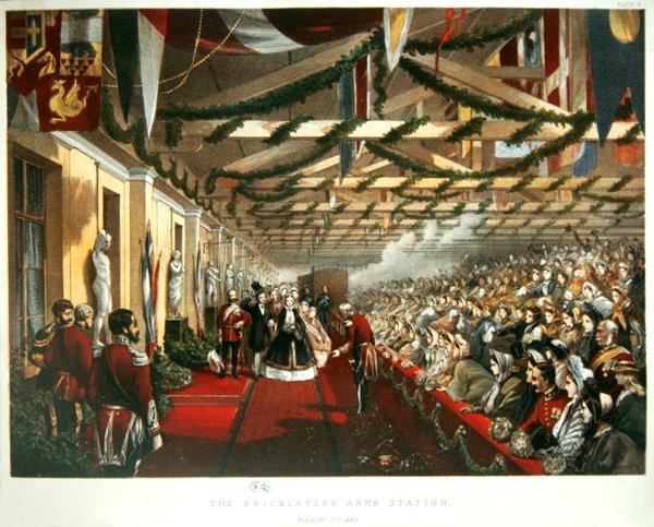 La princesse Alexandra de Danemark arrivant à Londres le 7 mars 1863 à la gare de Bricklayers Arms avec son futur mari, le prince de Galles. 1863 - English School