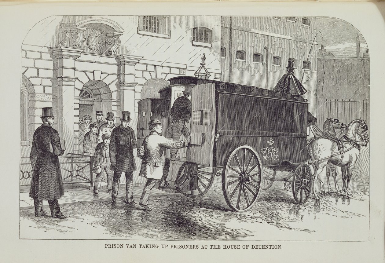 Fourgon de prison prenant des prisonniers à la Maison de Détention, extrait de The Criminal Prisons of London and Scenes of Prison Life par Henry Mayhew et John Binny, 1862 - English School