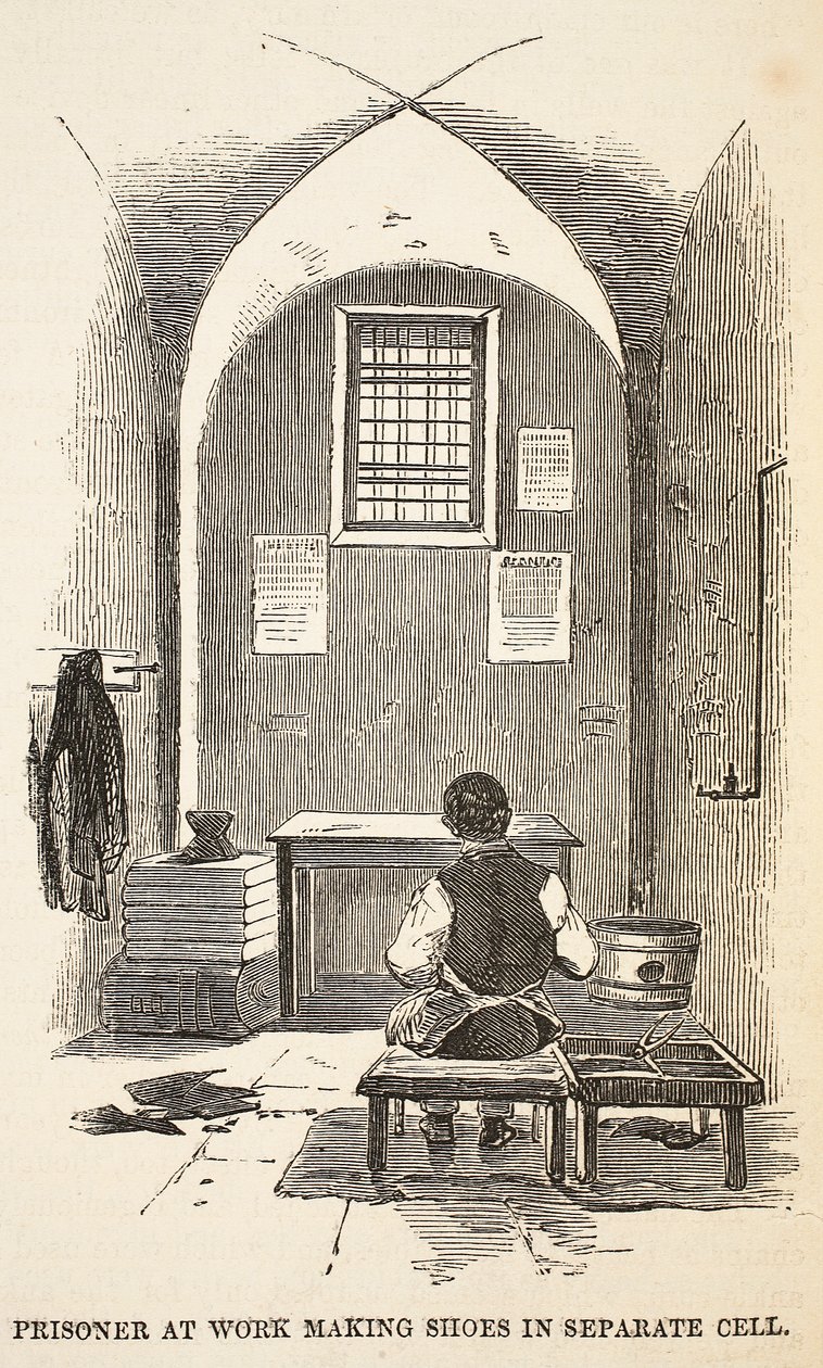 Prisonnier travaillant à la fabrication de chaussures dans une cellule séparée, illustration de The Criminal Prisons of London and Scenes from Prison Life par Henry Mayhew et John Binny, pub. 1862 - English School