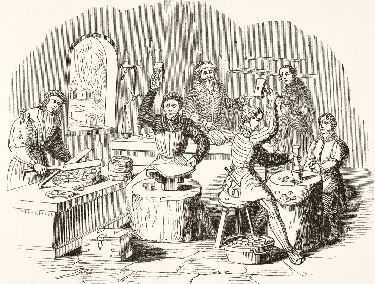 Processus de frappe de monnaie au 16ème siècle, tiré de The National and Domestic History of England par William Hickman Smith Aubrey, publié à Londres vers 1890 - English School