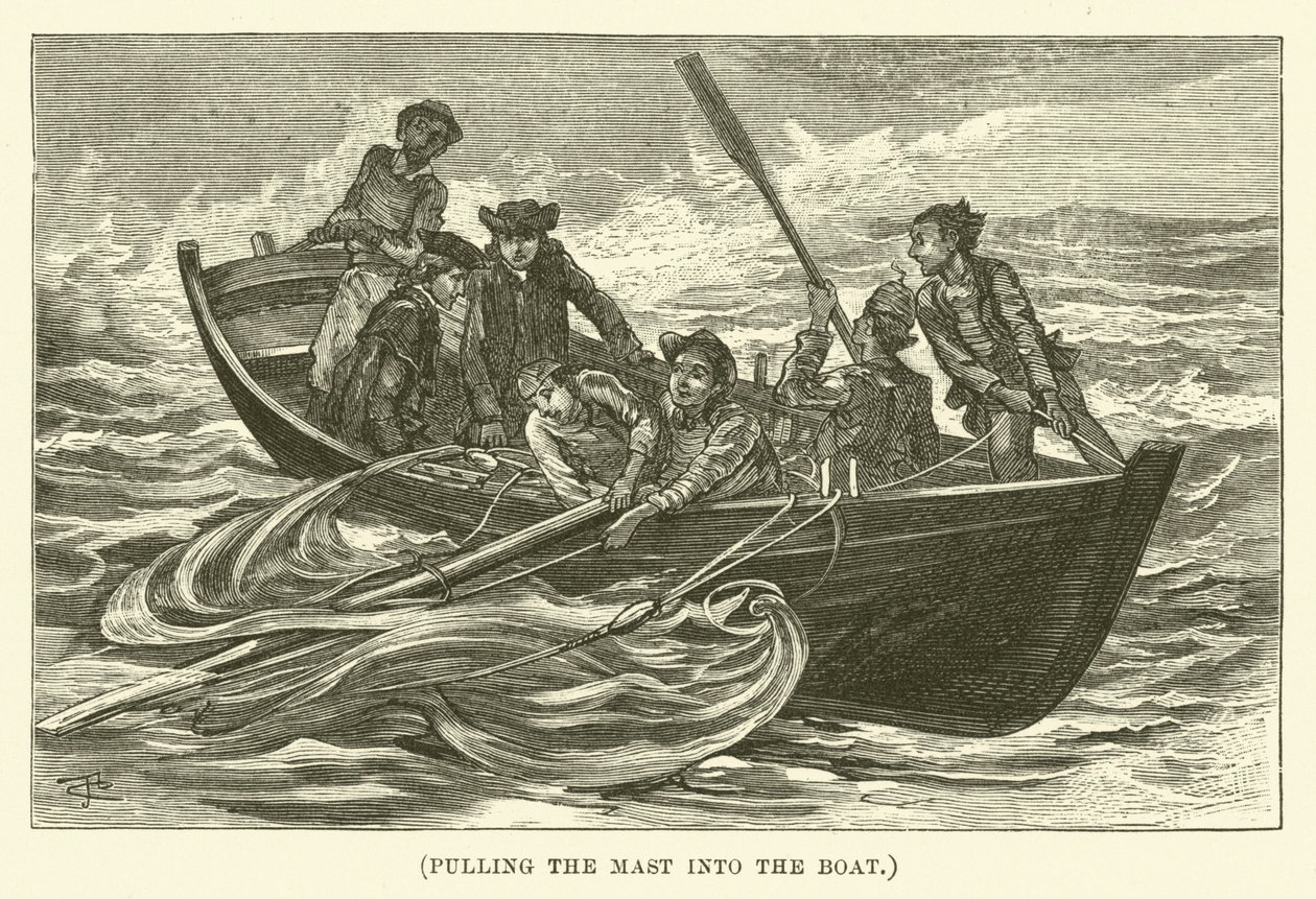 Tirer le mât dans le bateau (gravure) - English School