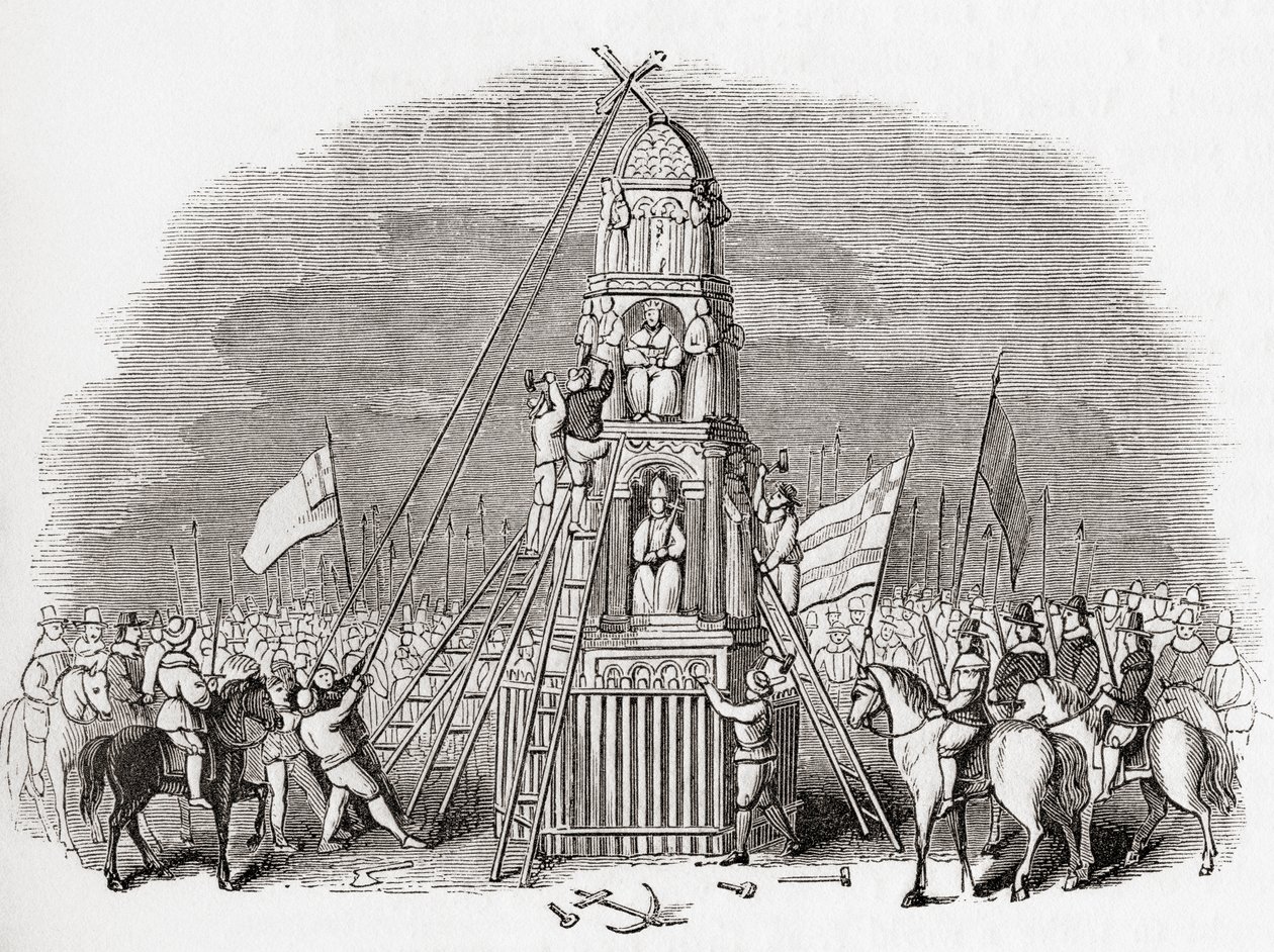 Les puritains détruisant la croix de Cheapside alias Eleanor Cross, Londres, Angleterre en 1643, de Old England: A Pictorial Museum, pub. 1847 - English School