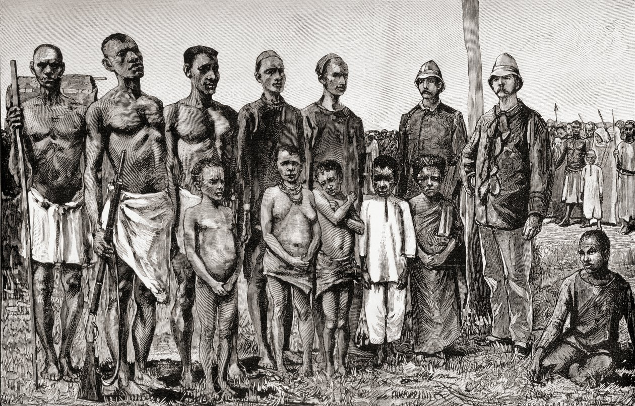 Indigènes pygmées comparés aux officiers anglais, Soudanais et Zanzibaris, 1890 - English School