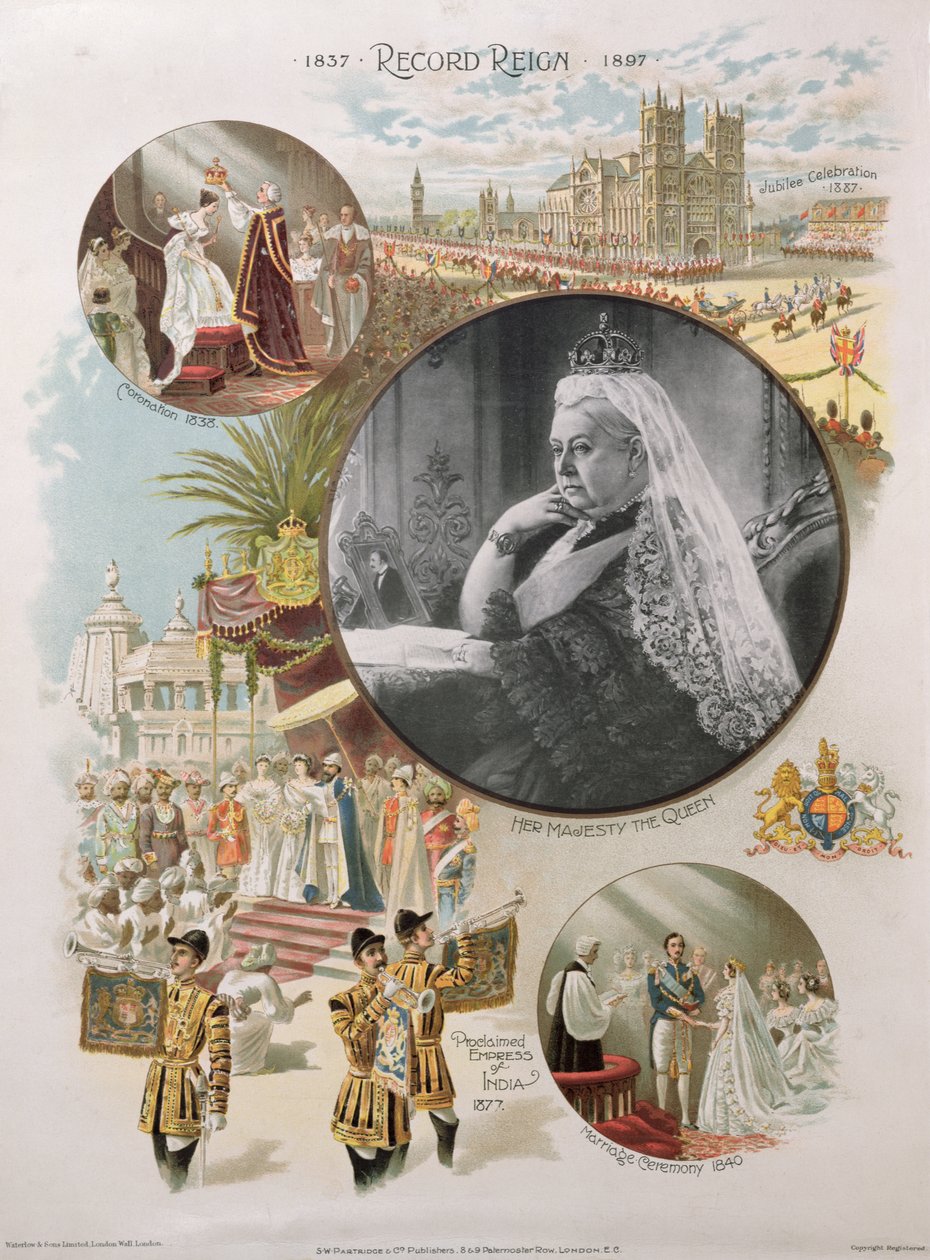La reine Victoria lors de son jubilé de diamant en 1897 avec certains des principaux événements de sa vie - English School