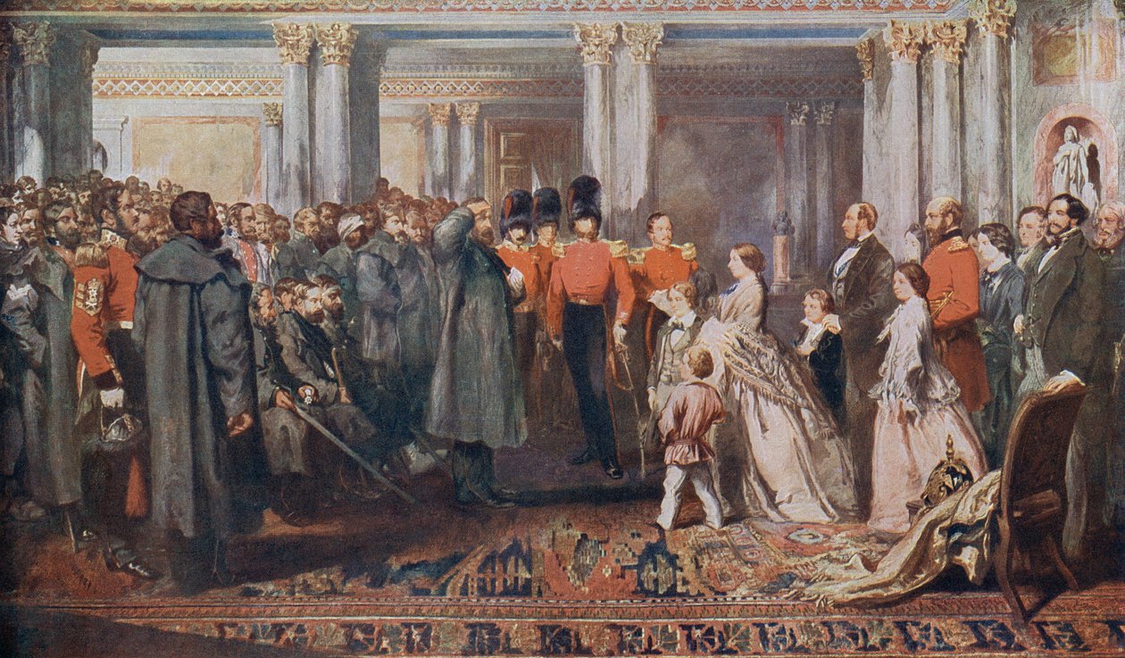 La reine Victoria recevant en audience des vétérans de la guerre de Crimée - English School