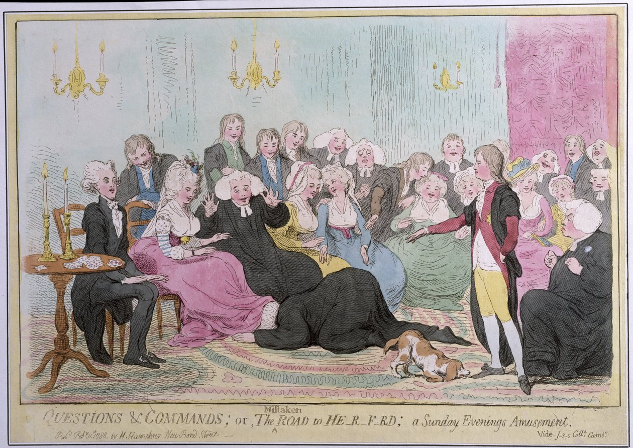 Questions et commandes, ou Le chemin erroné vers H-r-f-rd : un amusement du dimanche soir, publié par Hannah Humphrey en 1788 - English School