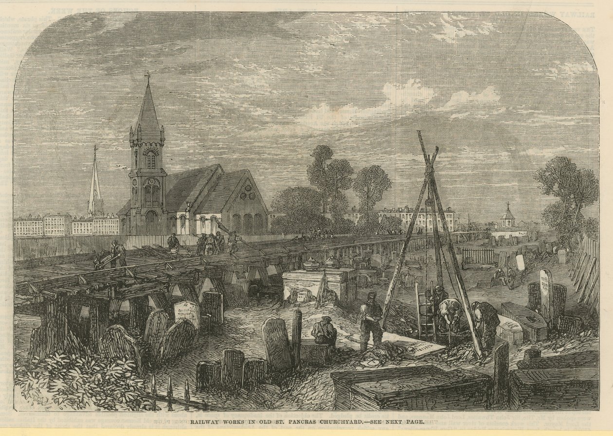 Travaux ferroviaires dans le cimetière de Old St Pancras (gravure) - English School