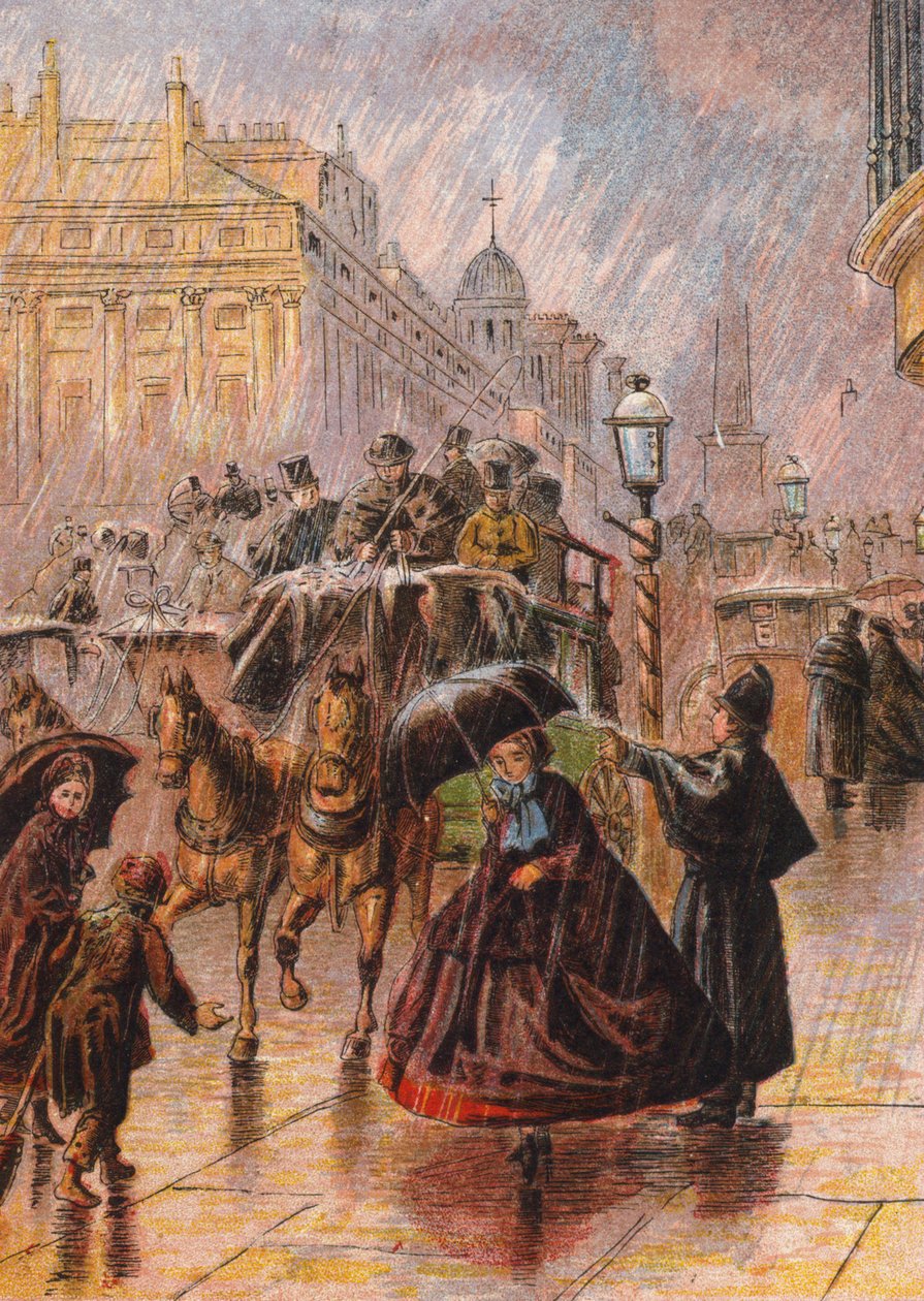 Scène de rue pluvieuse (lithographie couleur) - English School