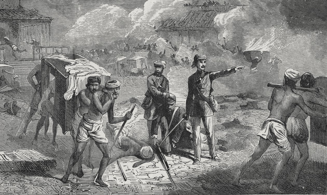 Évacuation des malades et des blessés à Lucknow de la résidence à la Dilkoosha dans les environs de la ville - English School