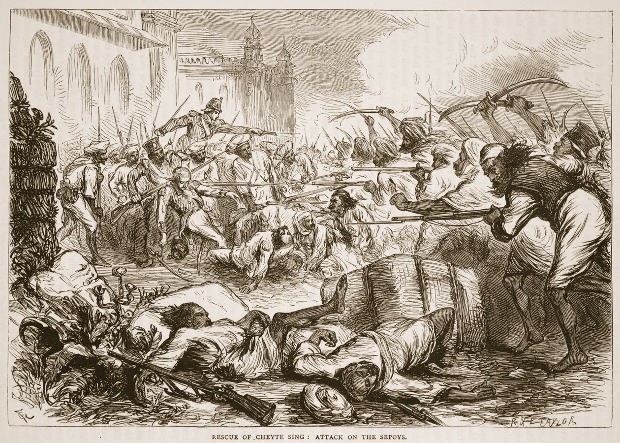 Sauvetage de Cheyte Sing : attaque des cipayes, illustration de Cassell