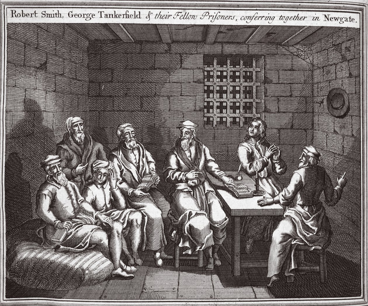 Robert Smith, George Tankerfield et leurs compagnons de prison, se conférant ensemble à Newgate, illustration des Martyrs de Foxe vers 1703 - English School