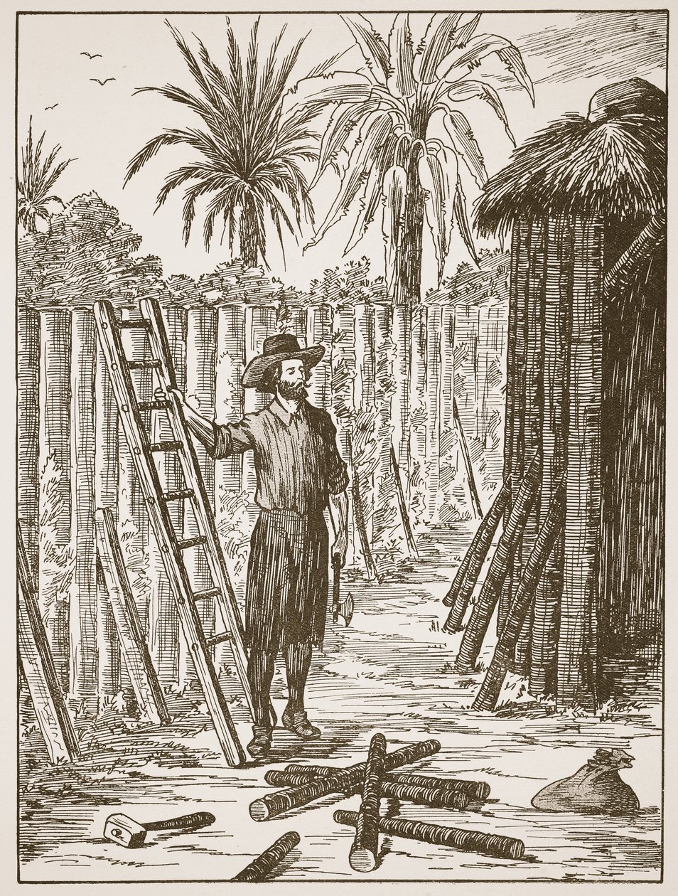 Robinson Crusoé construisant son berceau, illustration de L