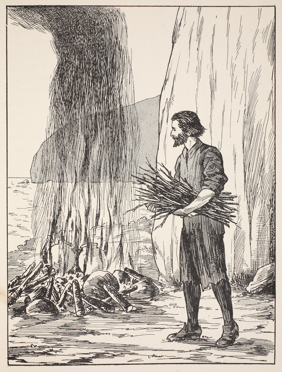 Robinson Crusoé cuisinant, illustration de L