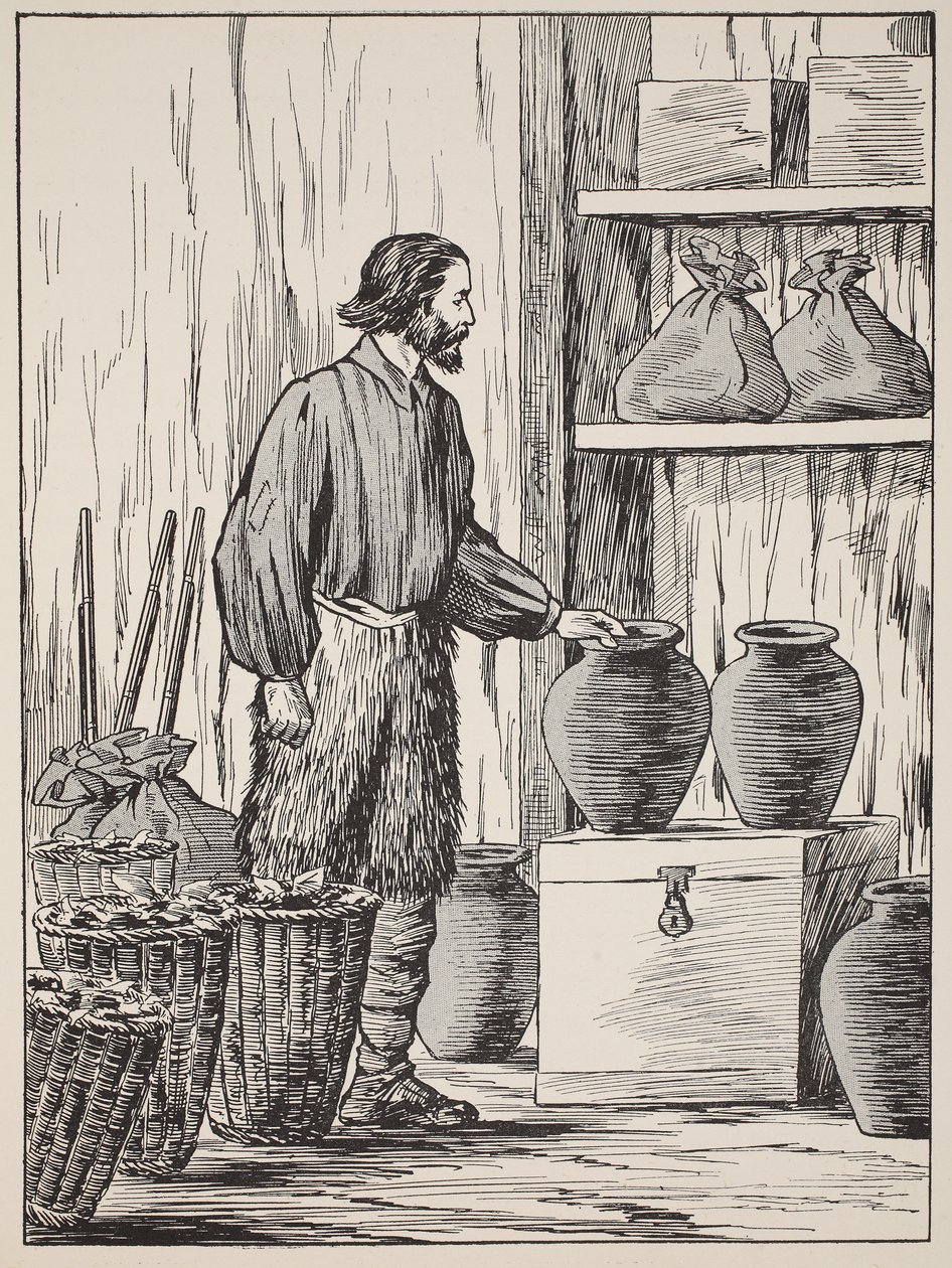 Robinson Crusoé dans son entrepôt, illustration de L