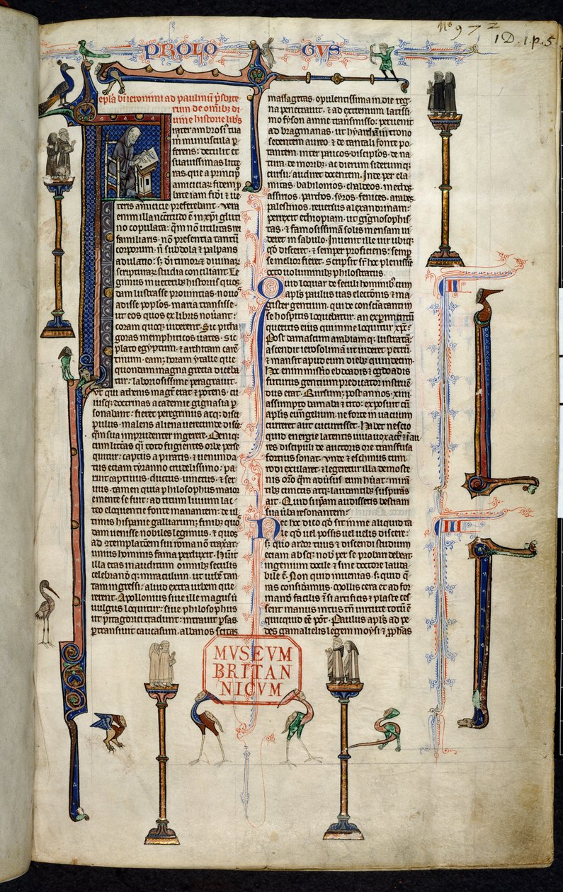 Royal 1 D I, f.1r, Jérôme, frères sur colonnes, de la Bible de William de Devon - English School