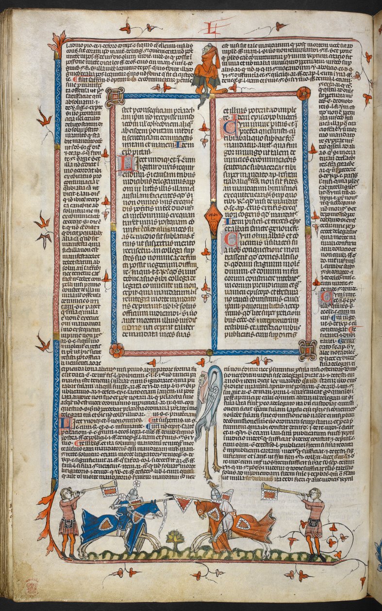 Royal MS 10 iv f.065v Chevaliers jouteurs avec décoration marginale, illustration de 