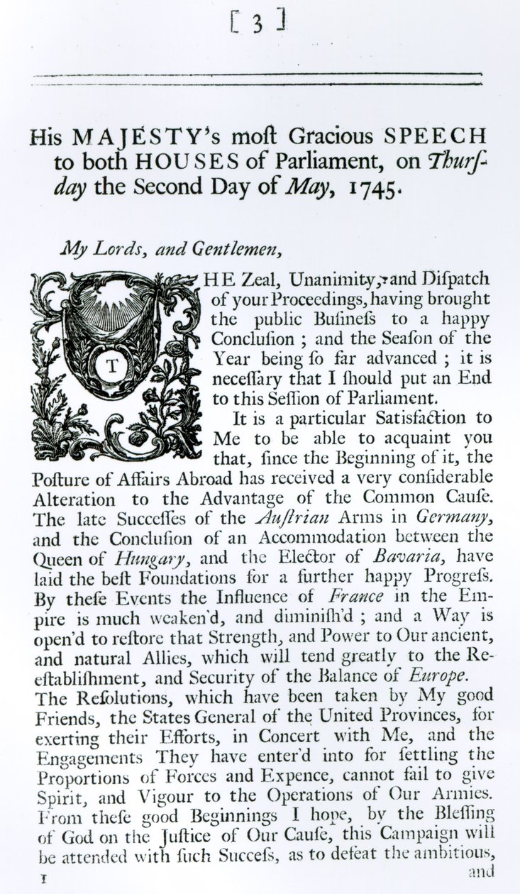 Discours royal aux deux chambres du Parlement, 2 mai 1745 (gravure) - English School
