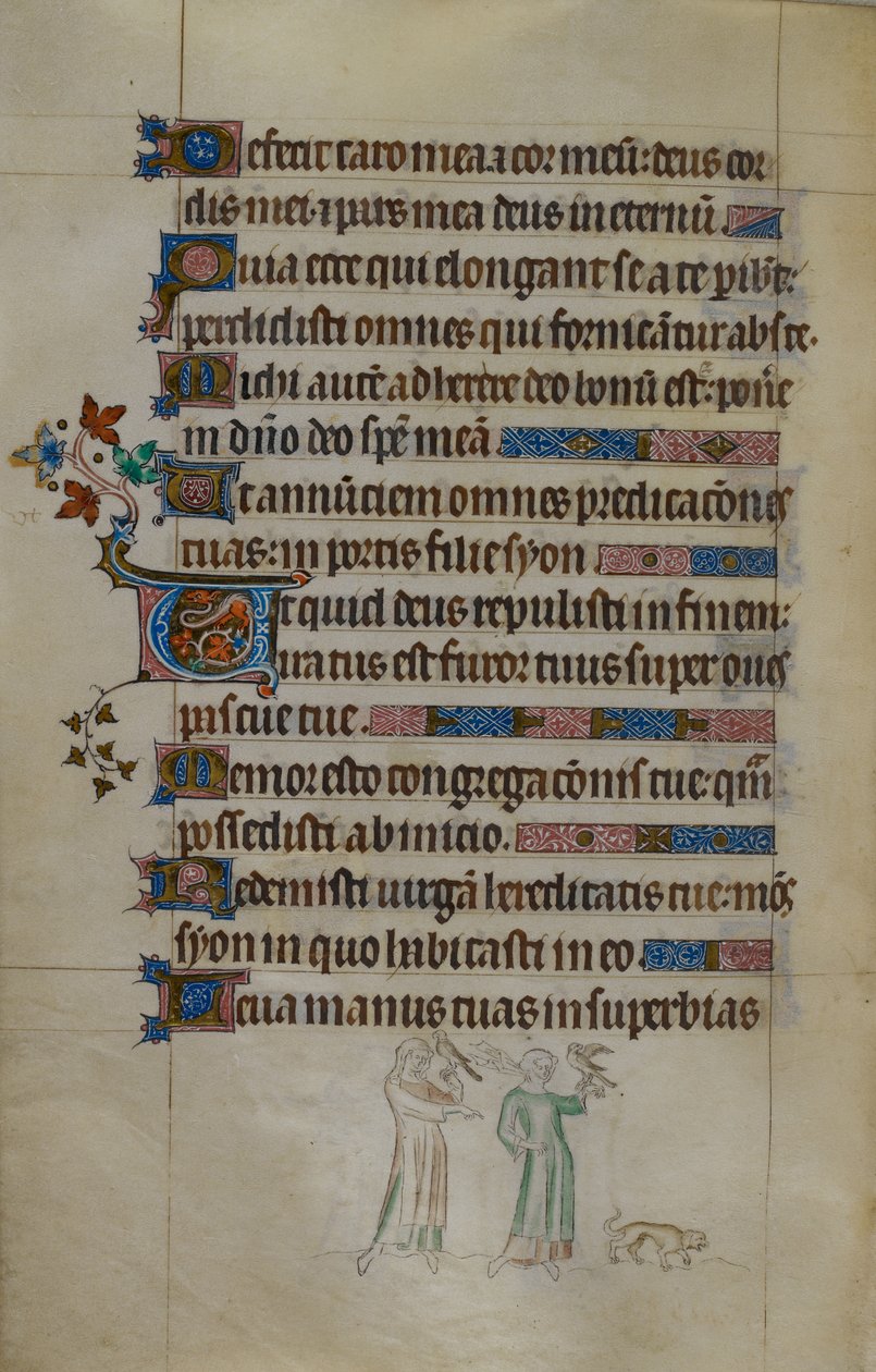 Scène en bas de page de deux femmes portant des faucons, et un petit chien devant elles, avec une initiale habitée, illustration du 