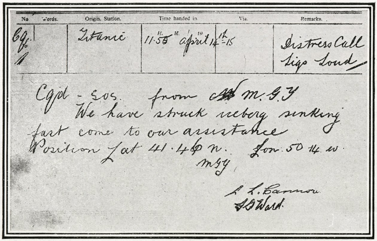 Message SOS reçu par le vapeur russe, Birma, environ cinq minutes après que le Titanic a heurté un iceberg le 15 avril 1912, de "The Sphere", 04 mai 1912 - English School