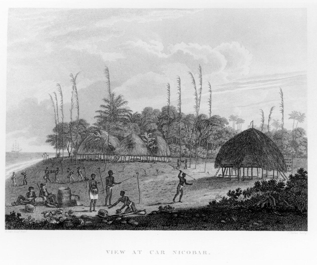 Marins collectant des provisions à Car Nicobar, de Voyages et Voyages en Inde, Ceylan, La Mer Rouge... par George, Vicomte Valentia, publié en 1809 - English School