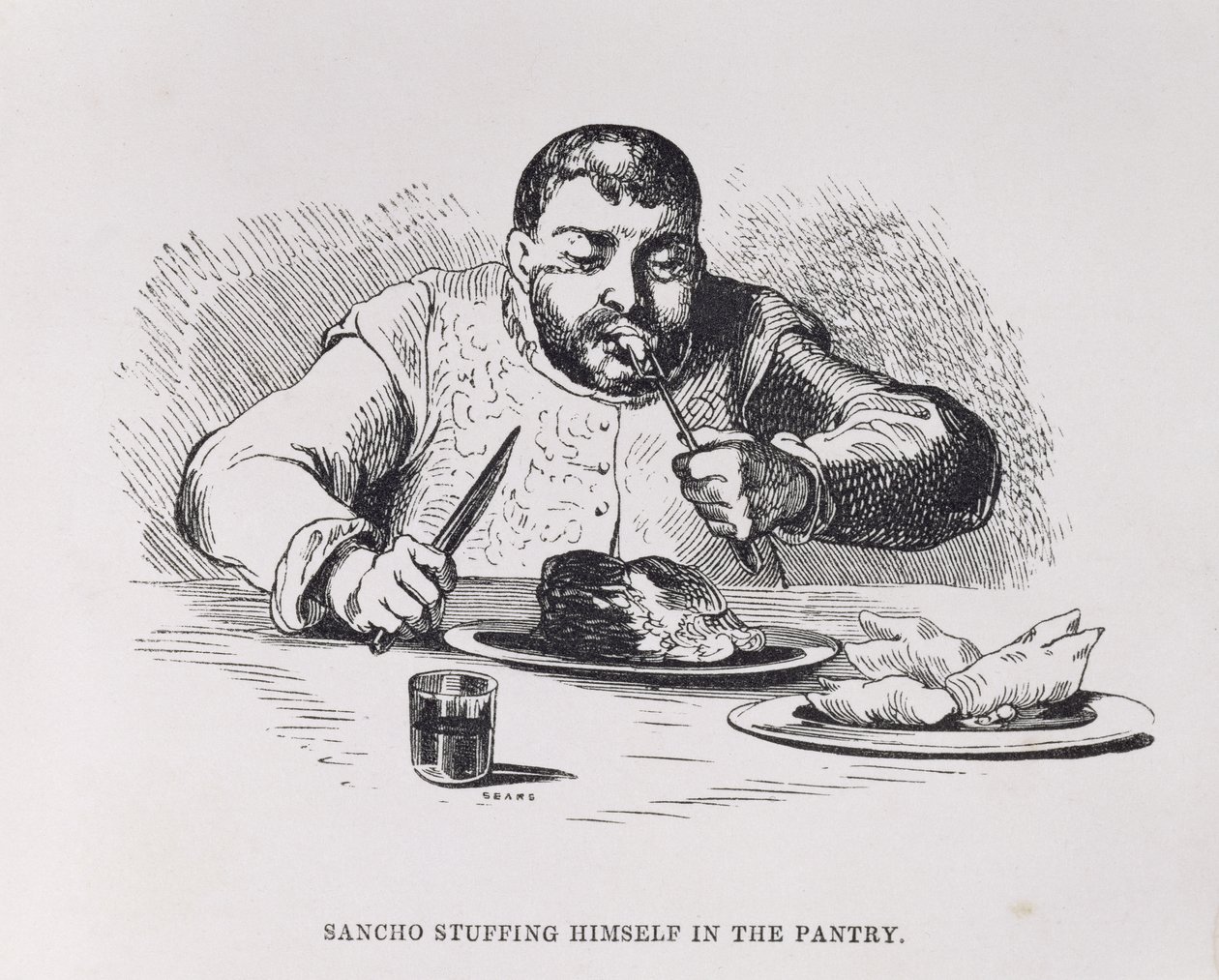 Sancho se goinfrant dans le garde-manger, Acte III, scène XI de Don Quichotte en Angleterre. Une comédie, gravé par Sears, pub. 1733 - English School
