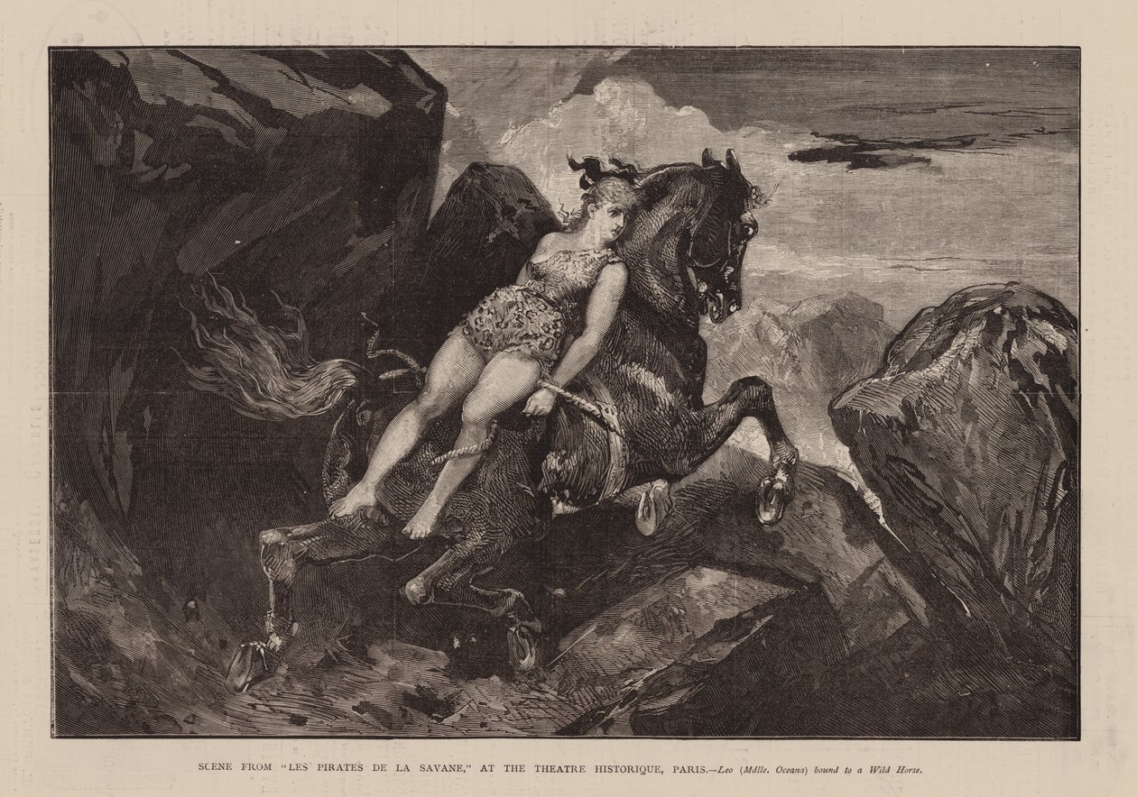 Scène des "Pirates de la Savane", au Théâtre Historique de Paris, Léo, Mdlle Oceana, attachée à un cheval sauvage (gravure) - English School