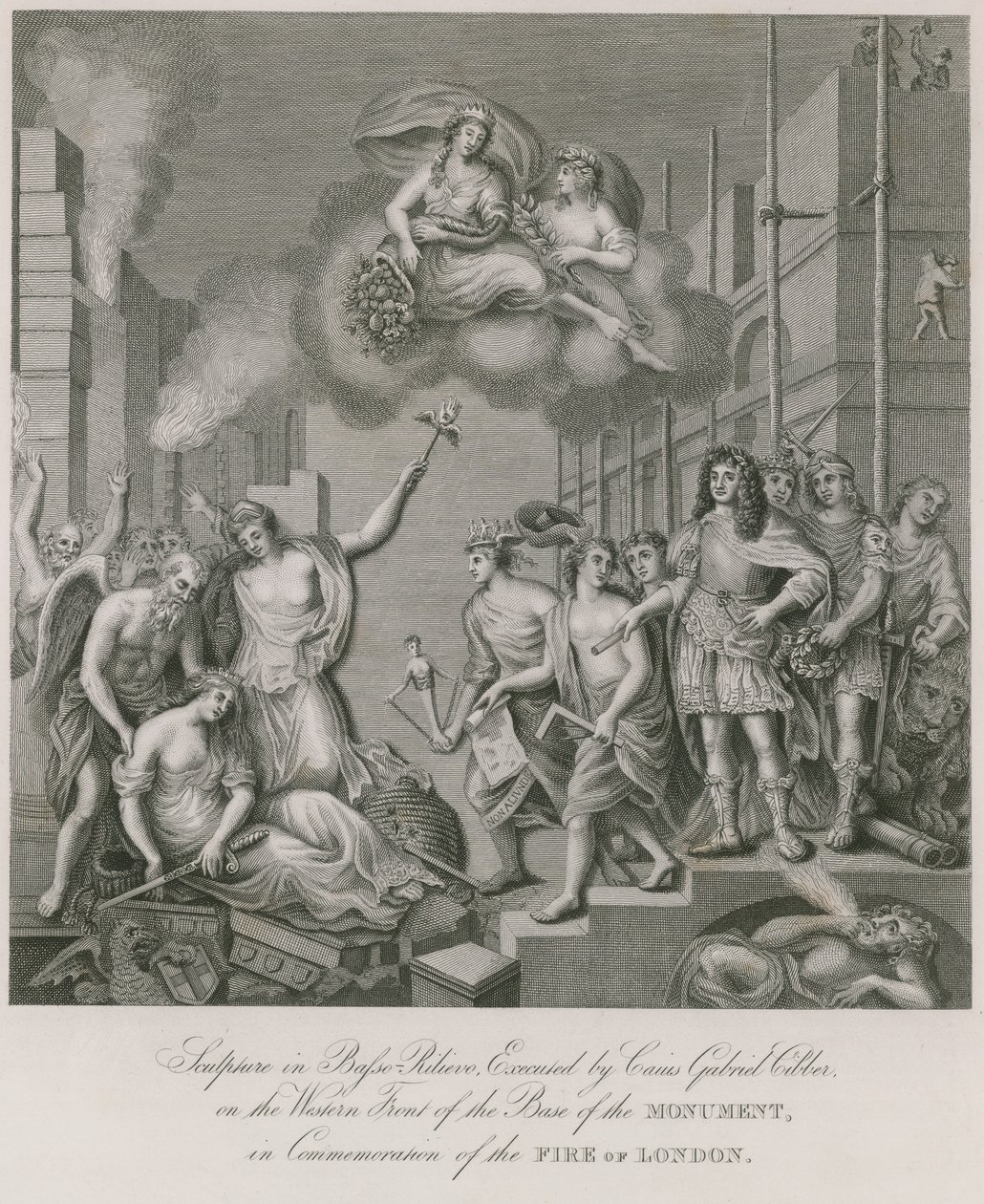 Sculpture en bas-relief sur le front occidental de la base du Monument (gravure) - English School